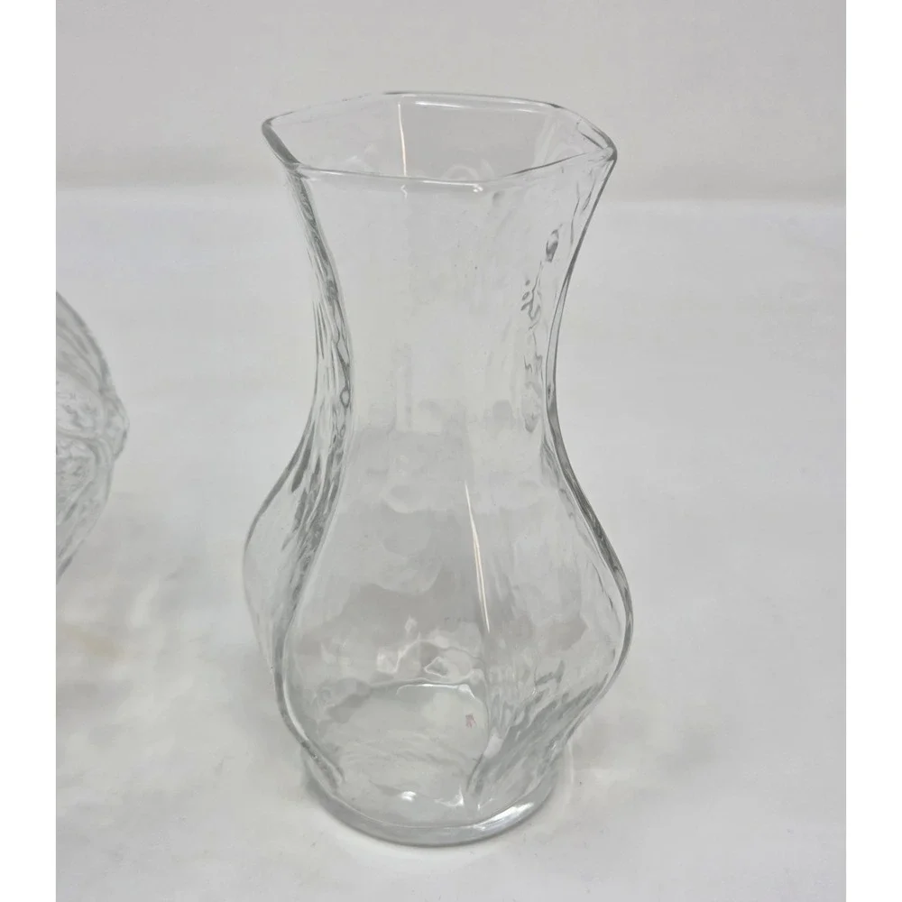 Vintage Crinkle Glass Vase Pair Clear MCM Pedestal Florist Vases Set of 2